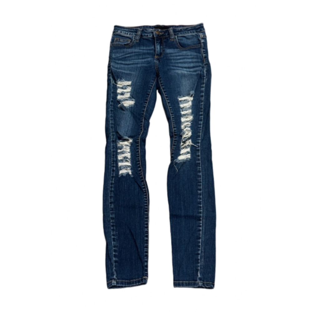 Cello Skinny Mid Rise Distressed Dark Wash Jeans